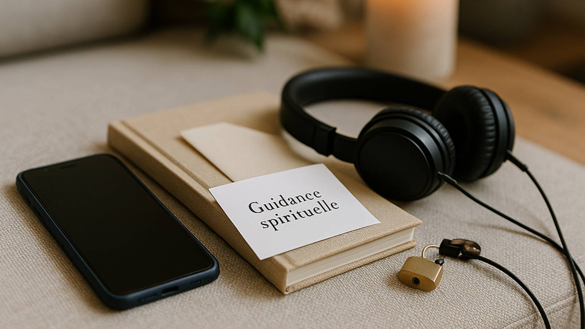 Téléphone, carnet, écouteurs et casque pour séance de guidance spirituelle par téléphone