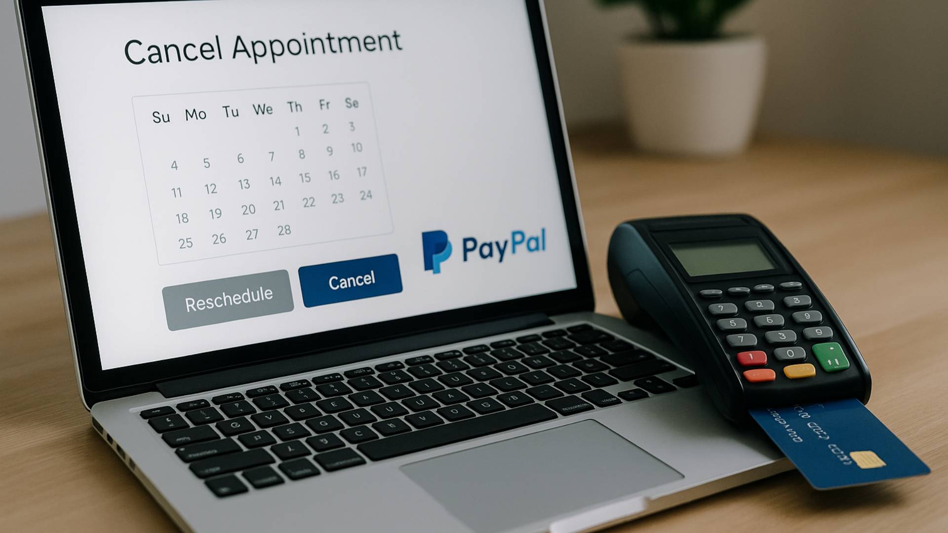Ordinateur affichant les options de report et terminal bancaire avec carte – paiement sécurisé