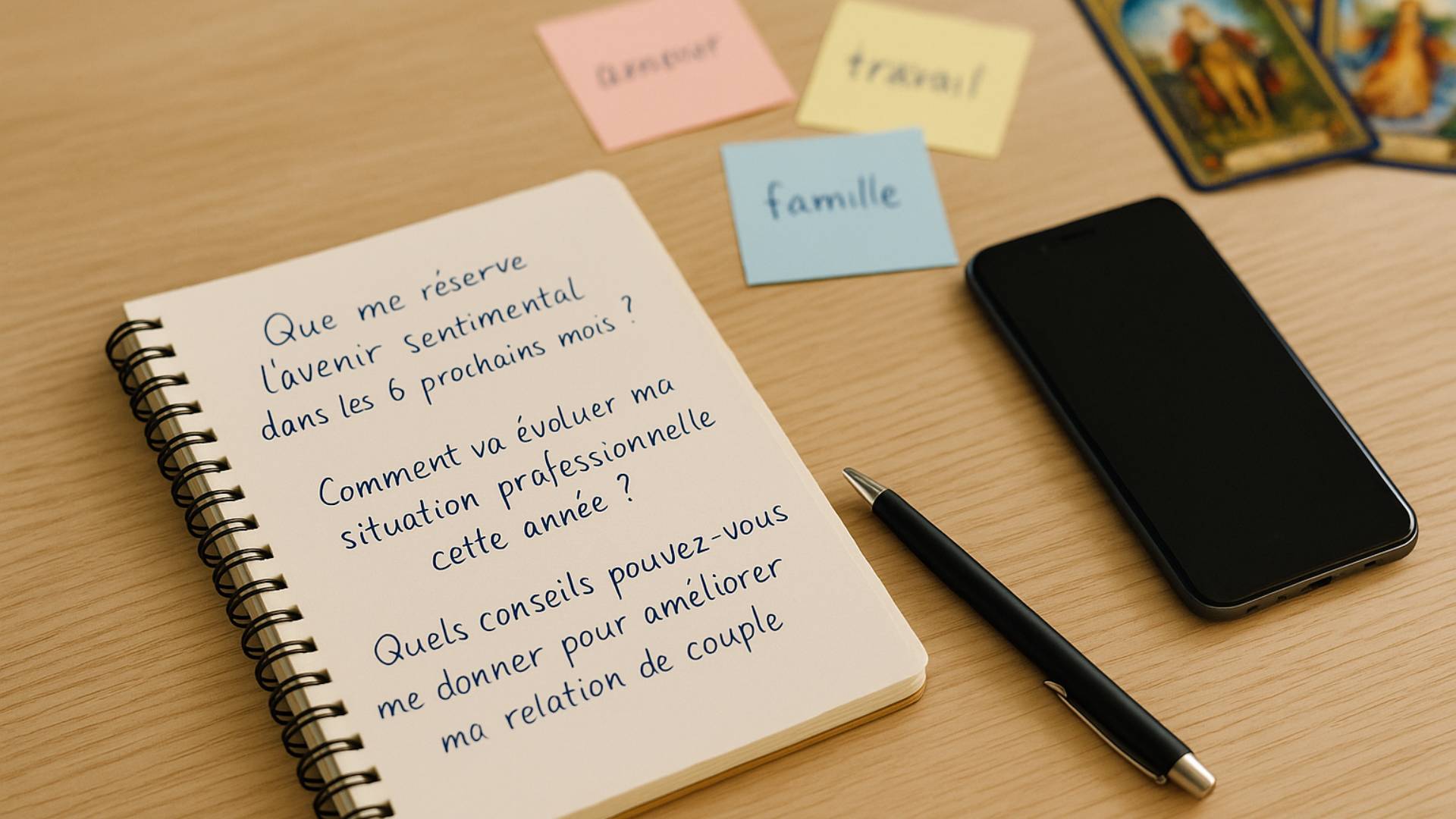 Carnet avec questions manuscrites, stylo, téléphone et cartes oracle – préparation d’une séance de voyance