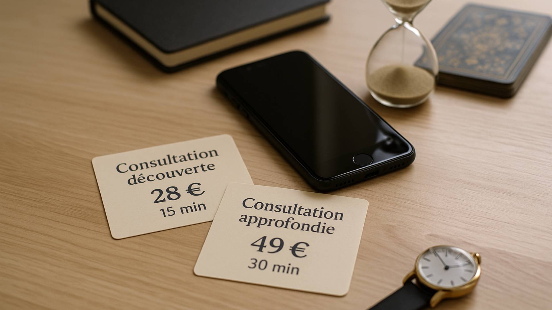 Cartes tarifs de la guidance à distance avec Clémy : téléphone, montre, sablier et carnet sur un bureau