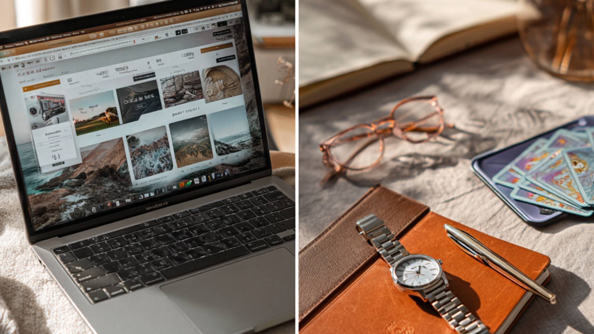 Montre, stylo, lunettes, cartes et carnet près d’un ordinateur portable – consultation de voyance à distance