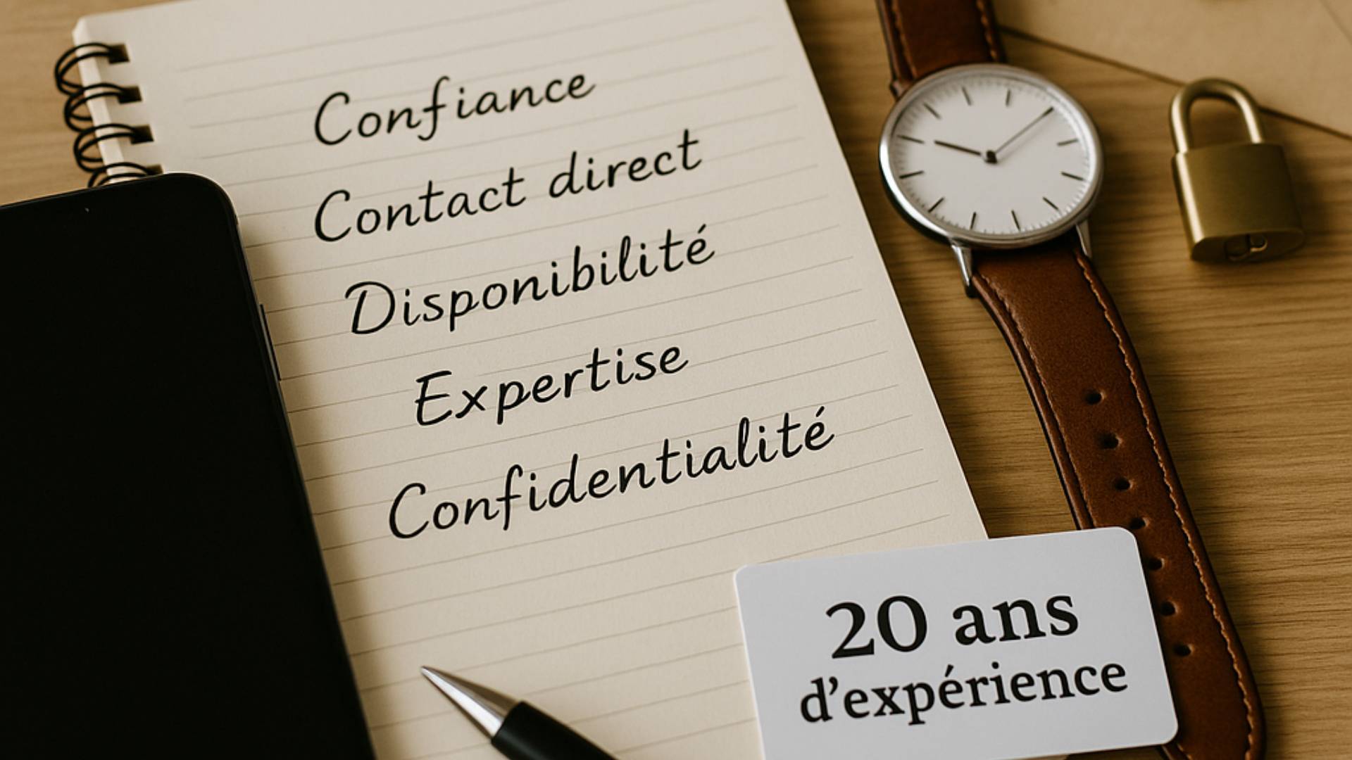 Carnet listant les valeurs de Clémy, montre, cadenas et carte « 20 ans d’expérience » – voyance sérieuse par téléphone
