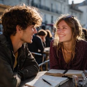 Un homme et une femme discutent et rient à une terrasse, ambiance complice.