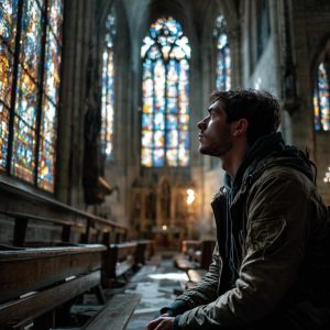 Homme assis seul dans une église, pensif devant des vitraux colorés.