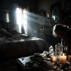 Femme penchée sur une table, lumière traversant une chambre sombre.
