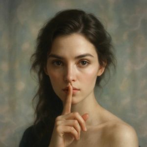 Jeune femme chuchotant, doigt sur la bouche, air mystérieux.