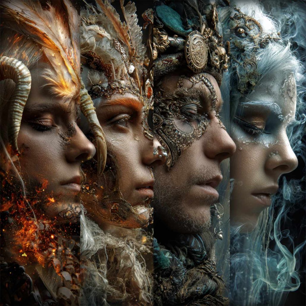Quatre visages de profils, incarnant feu, air, terre et eau, symboles des signes astrologiques.