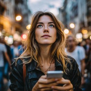 Jeune femme rêveuse, téléphone en main, foule floue en arrière-plan.