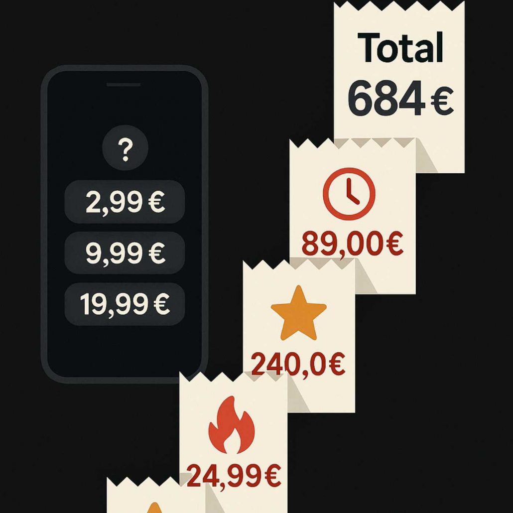 Reçus de micro-paiements s’additionnant à 684 €.