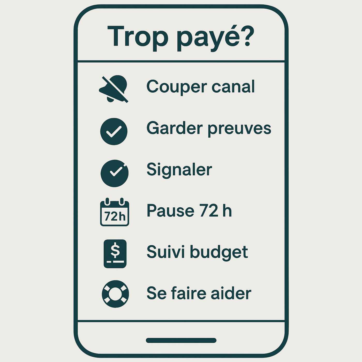 Conseils : couper le canal, garder preuves, signaler, pause 72 h.