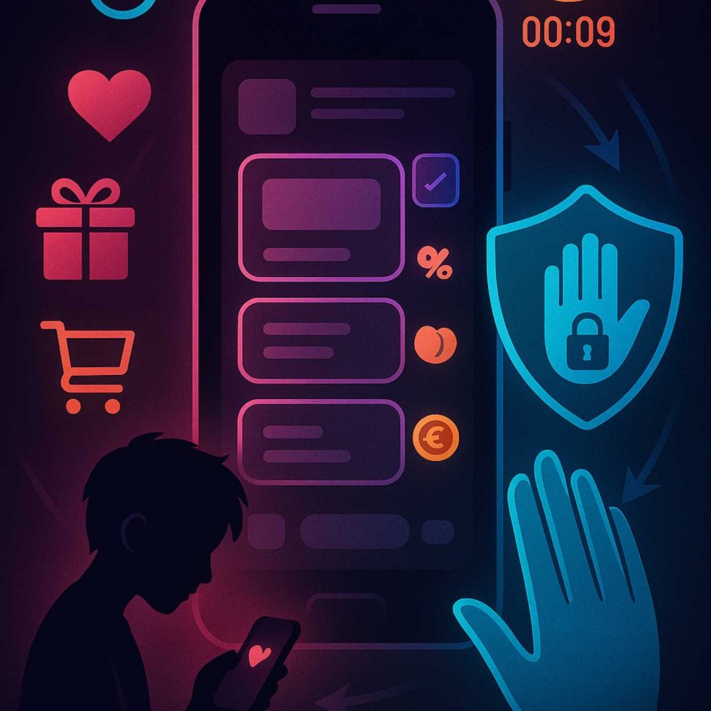 Enfant au smartphone face à offres agressives et bouclier de protection.
