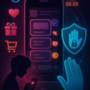 Enfant au smartphone face à offres agressives et bouclier de protection.