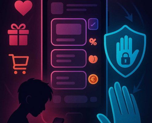 Enfant au smartphone face à offres agressives et bouclier de protection.