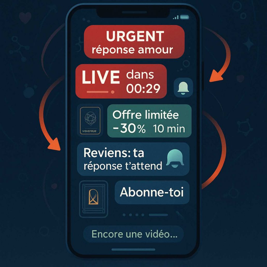 Smartphone avec messages “URGENT”, live et offre limitée.
