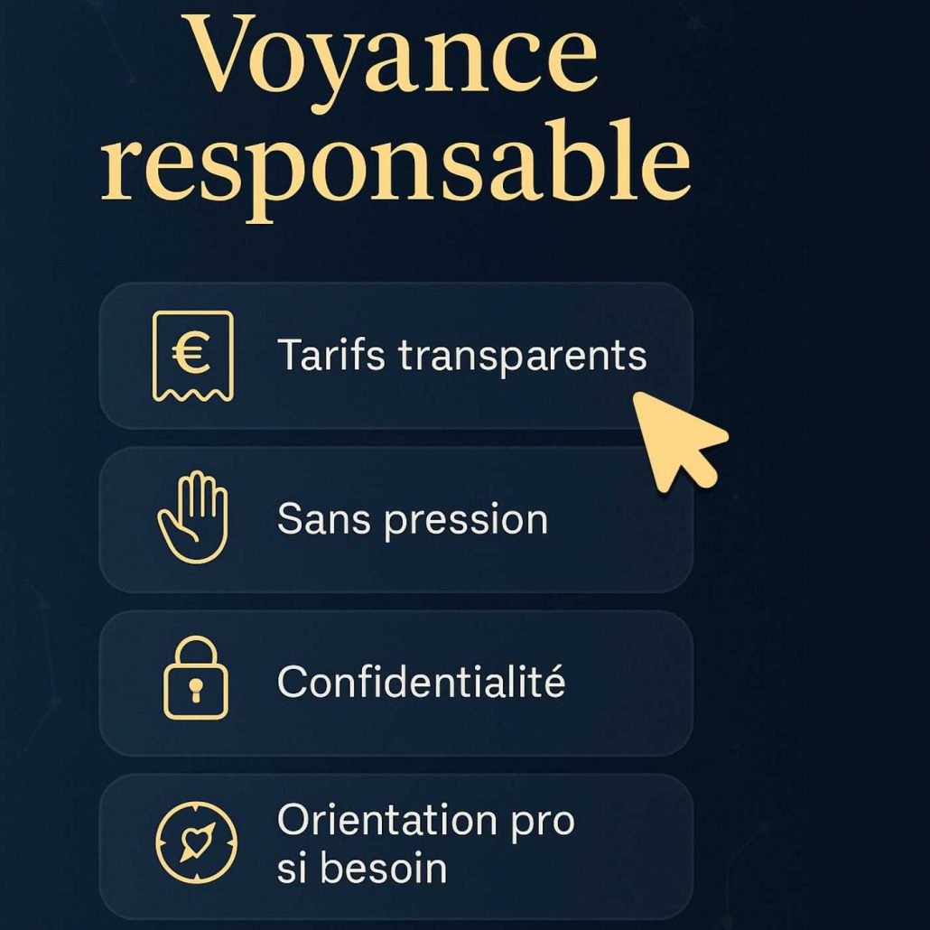 Pictos : tarifs transparents, sans pression, confidentialité, orientation.