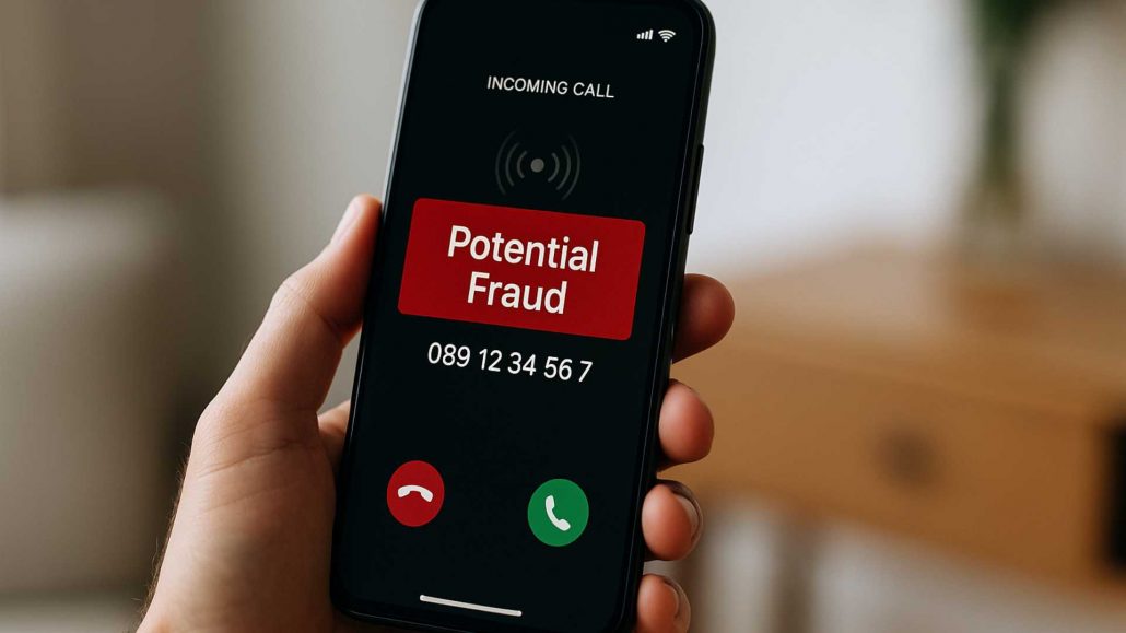 Un téléphone qui affiche un appel avec uin bandeau rouge indiquant une fraude possible. 