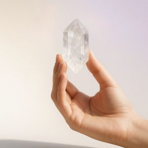 Main tenant un cristal de roche transparent sous une lumière douce, symbolisant la pureté et l’équilibre énergétique