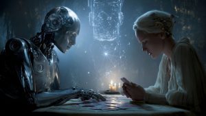 Illustration d’une personne face à un robot à une table de consultation