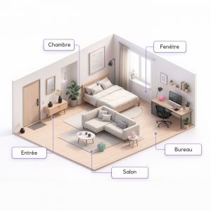Illustration isométrique d’un appartement minimaliste montrant où placer les pierres énergétiques : entrée, salon, chambre et bureau.