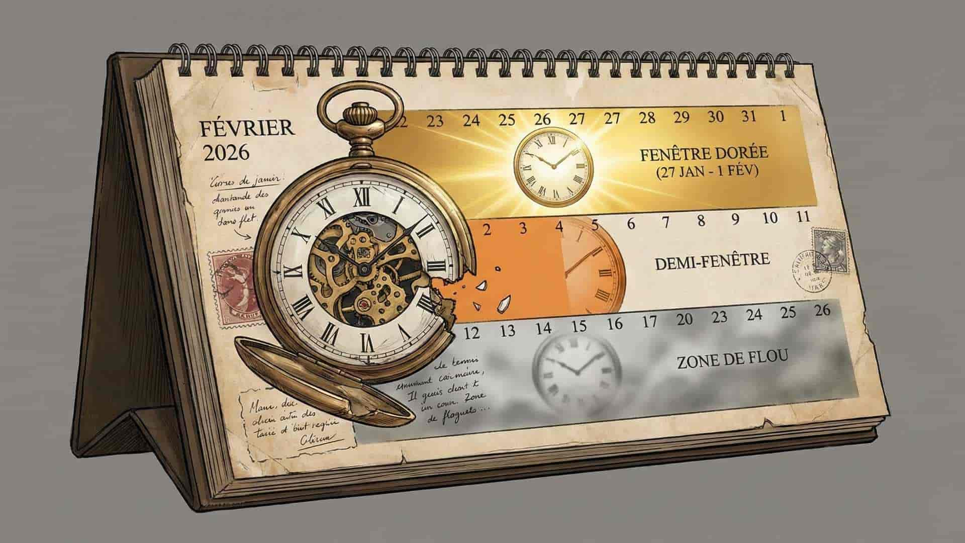 Calendrier février 2026 illustrant les dates clés avec horloge, symbolisant l'urgence et la fenêtre de temps limitée.