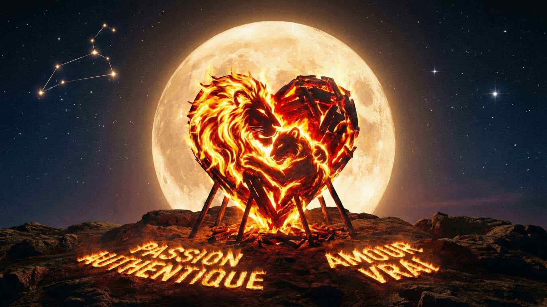 Cœur de feu rougeoyant symbolisant la passion authentique et l'amour vrai du Lion sous la pleine lune.