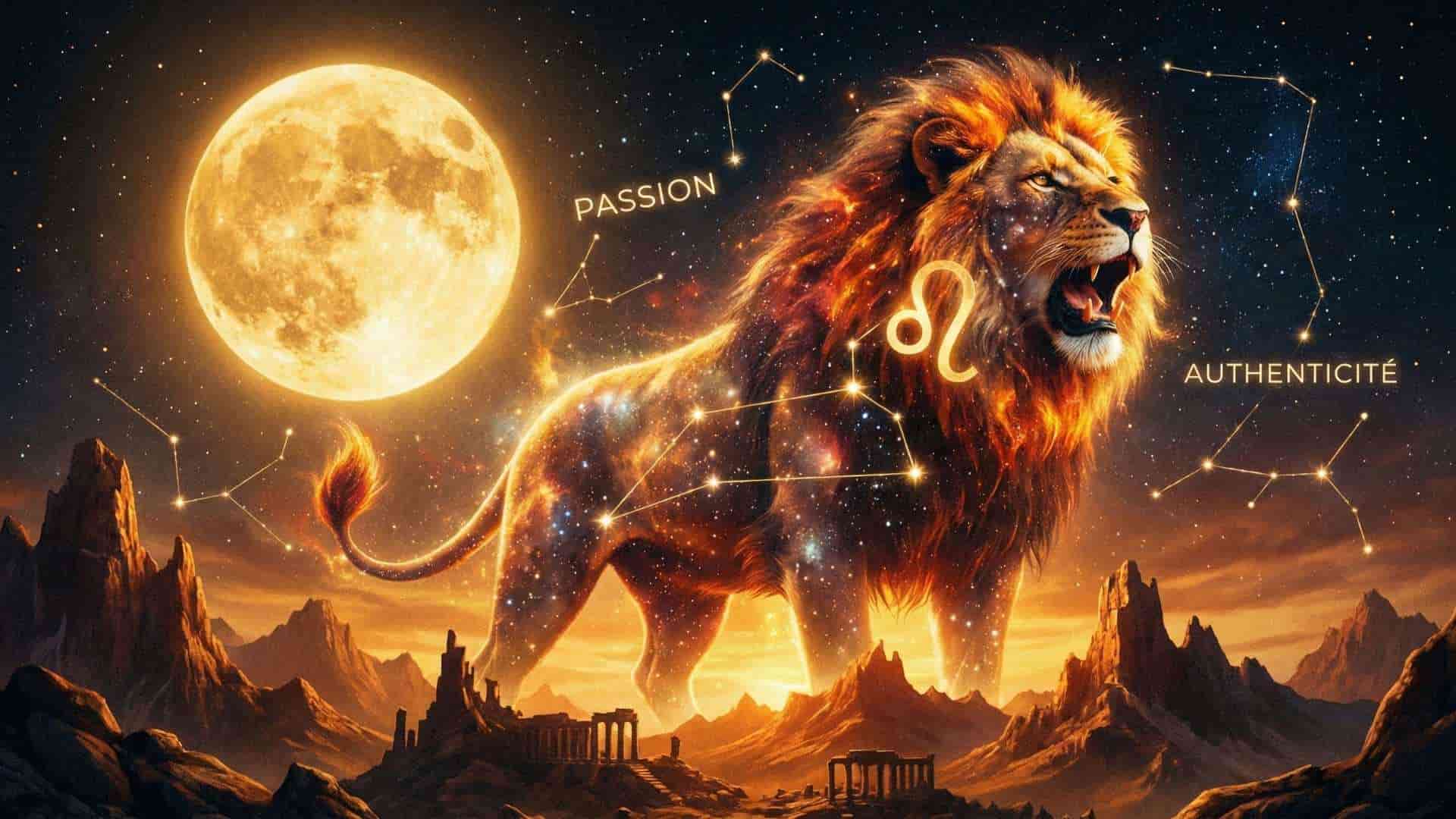 Ciel nocturne dramatique avec pleine lune dorée et lion céleste brillant sous les étoiles, symbolisant la passion et l'authenticité du Lion.