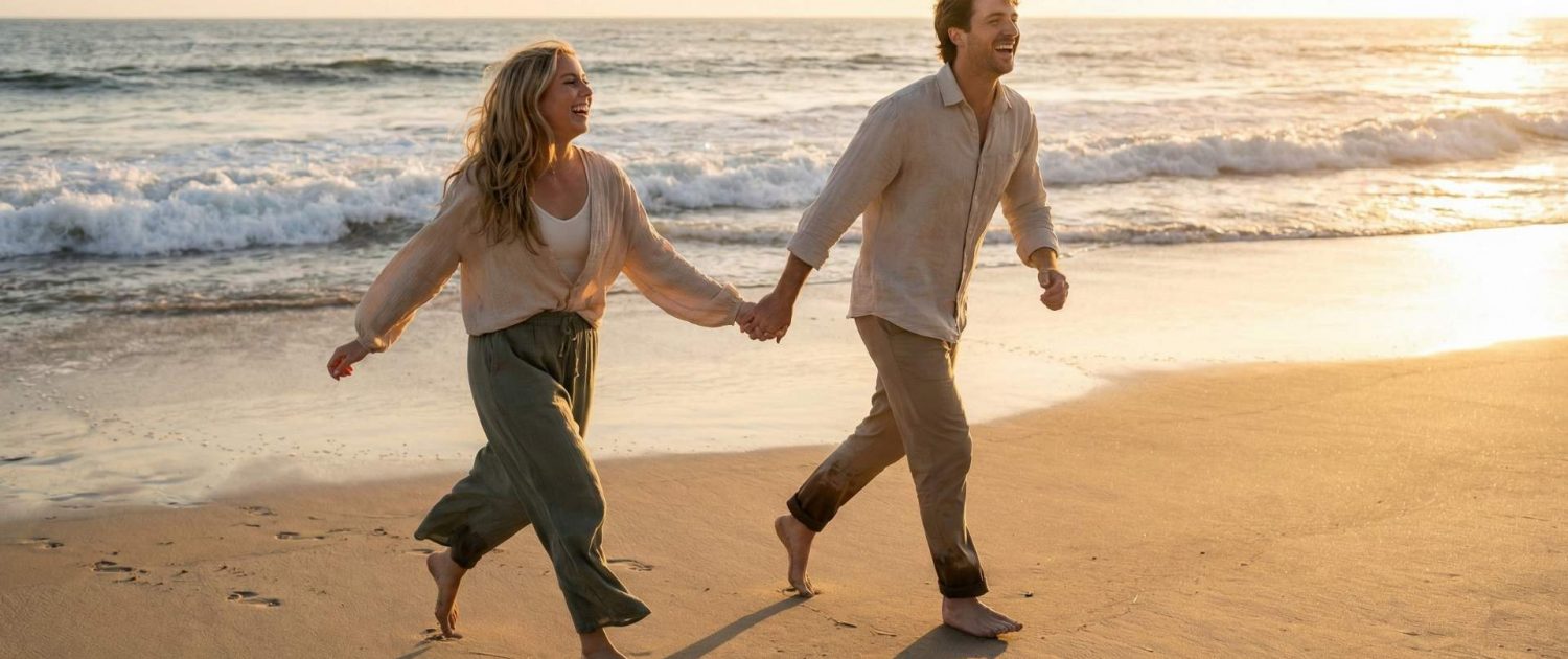 Couple courant main dans la main sur une plage, illustration d’origine de l’amour en 2026