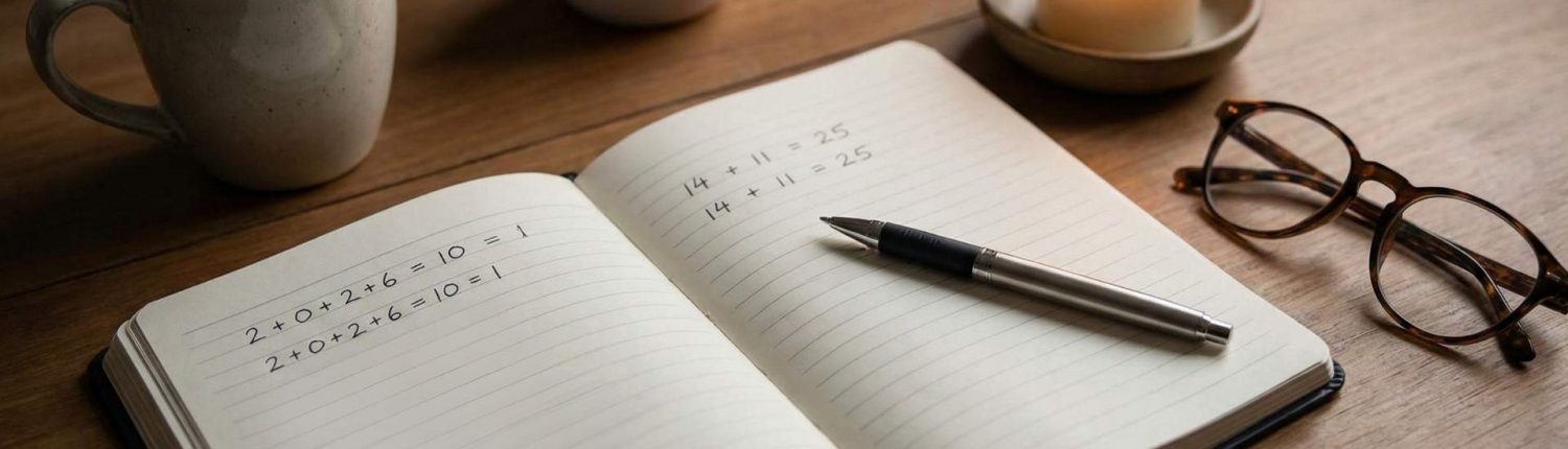 Carnet ouvert, calculs manuscrits et stylo, image d’origine sur l’année personnelle