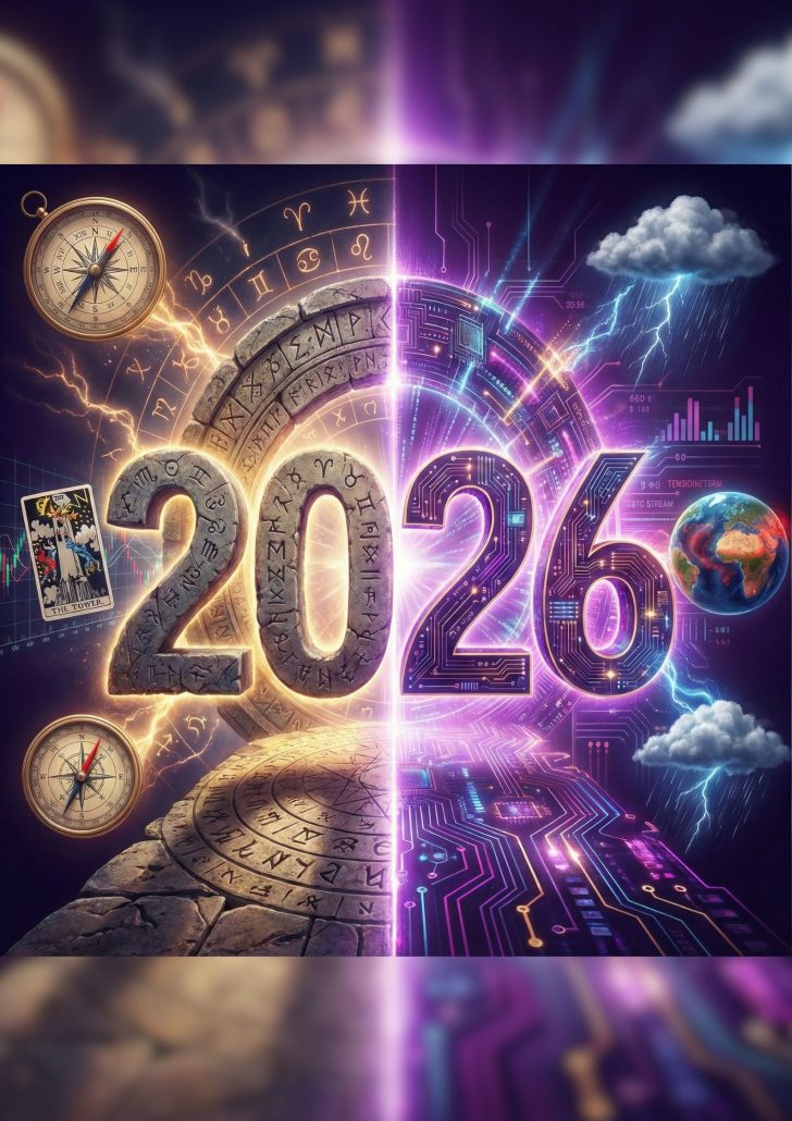 Le chiffre 2026 représenté moitié en pierre runique ancienne et moitié en circuits électroniques futuristes.