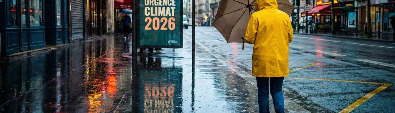 Rue pluvieuse illustrant les enjeux liés aux phénomènes climatiques
