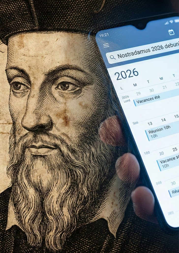 Montage juxtaposant un portrait gravé classique de Nostradamus et un smartphone affichant un agenda pour l'année 2026.
