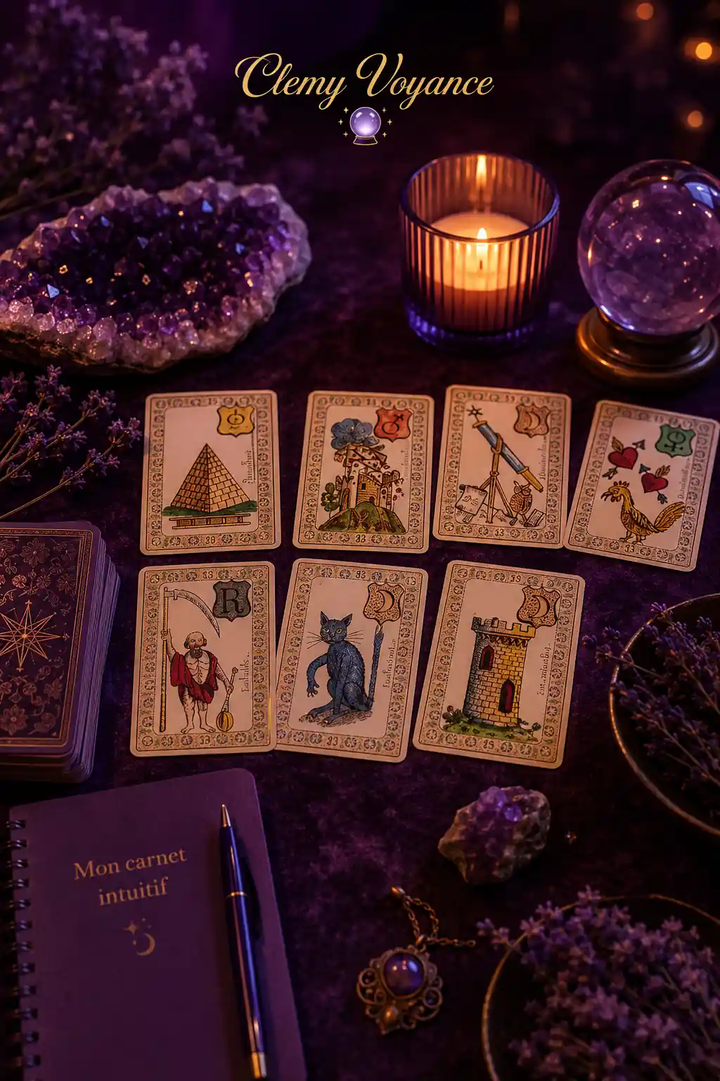 Tirage de l’Oracle de Belline posé sur une table de consultation, avec des cartes et une ambiance améthyste