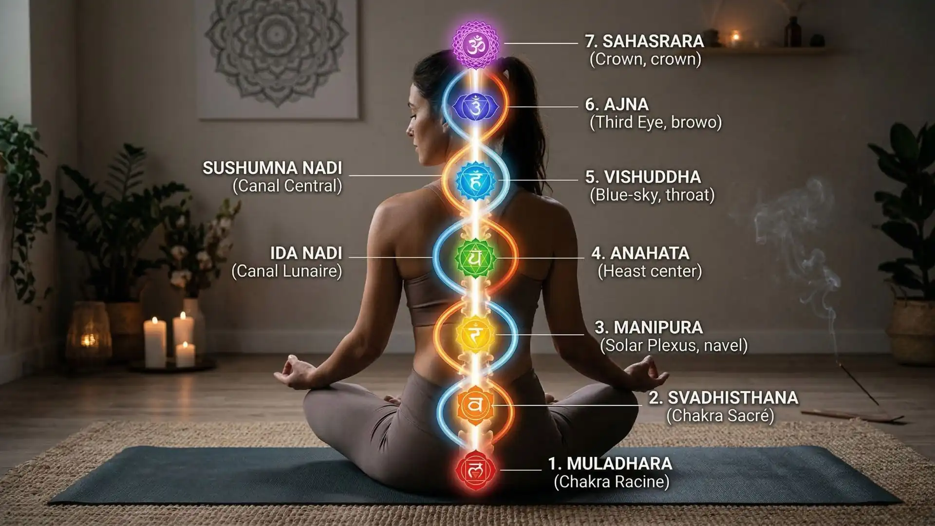Schéma des 7 chakras avec les canaux énergétiques Ida, Pingala et Sushumna