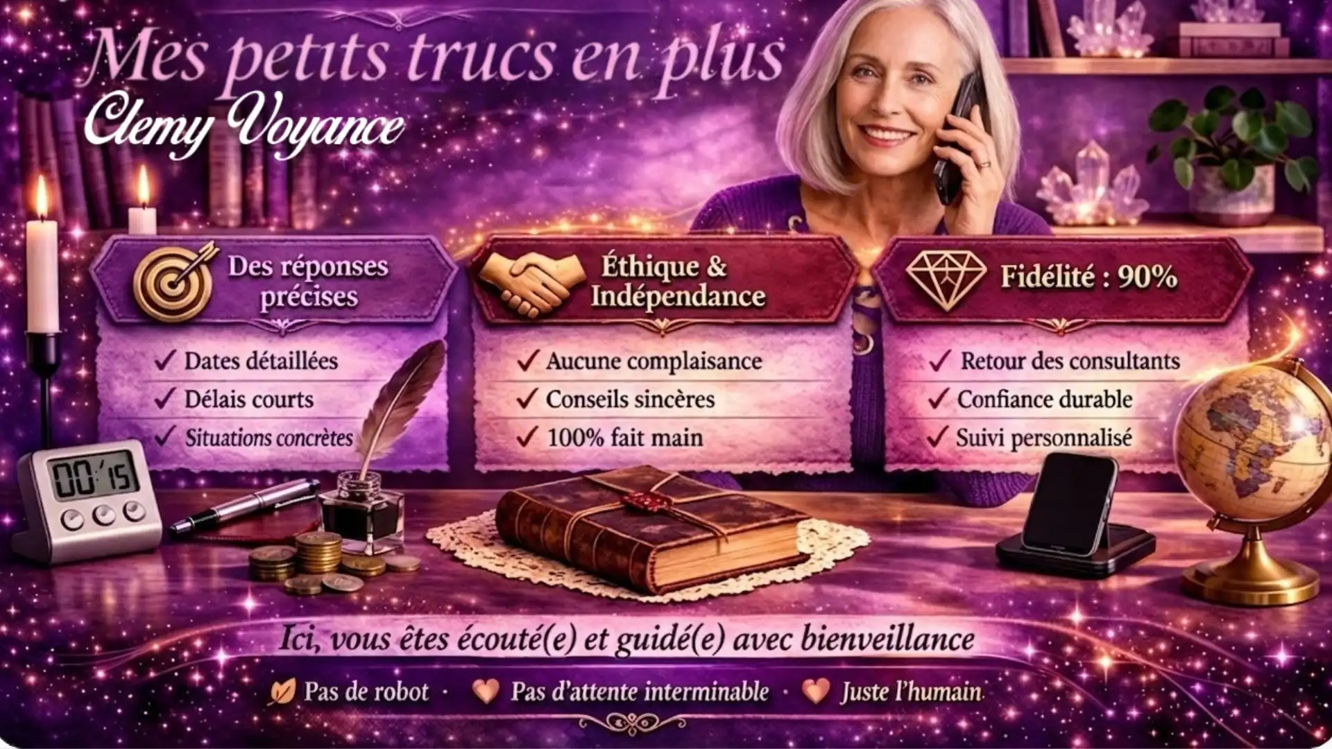 Infographie des engagements éthiques de Clémy : Voyance humaine, précise et datée