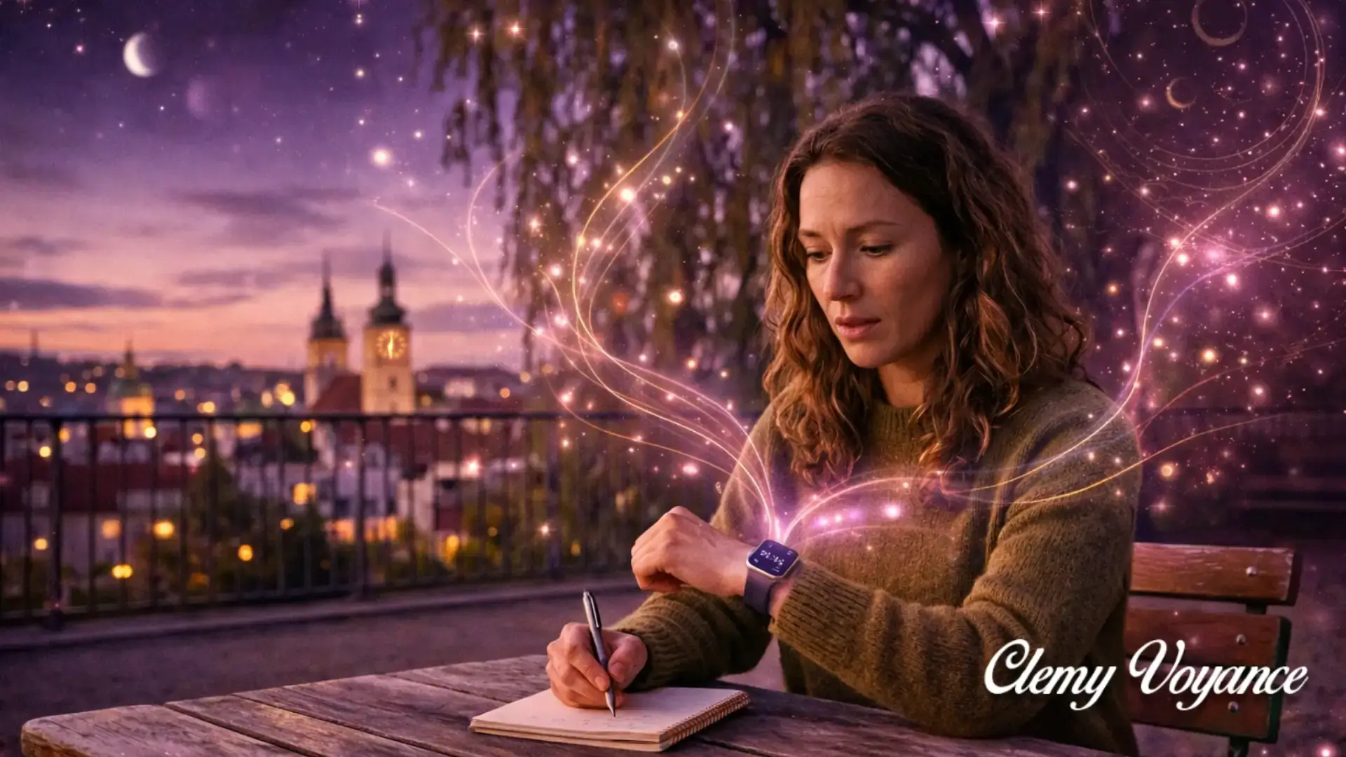 Femme en connexion avec son intuition au crépuscule, illustrant la synchronicité des heures miroirs et la guidance spirituelle.