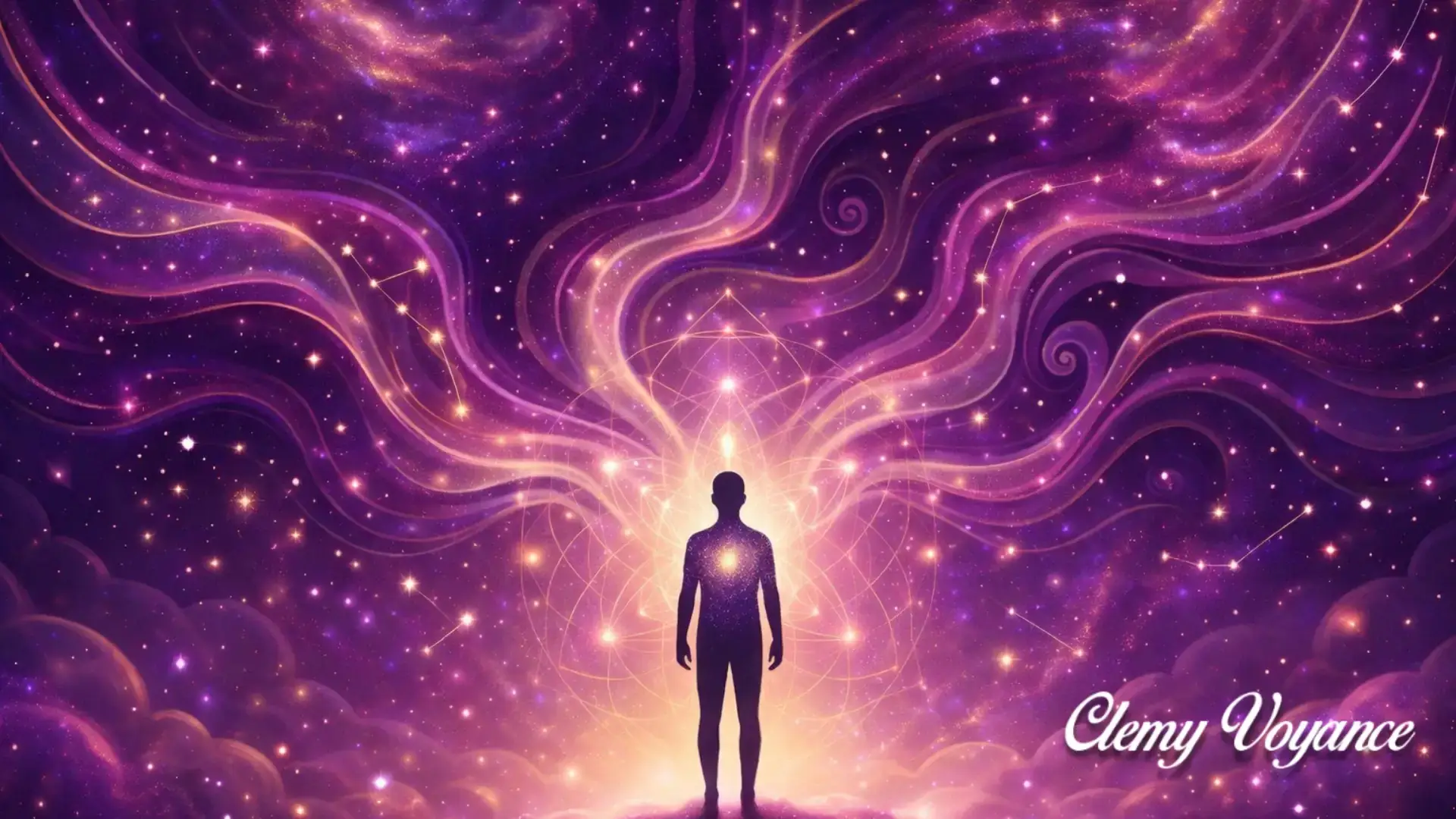 Art cosmique Clémy Voyance : géométrie sacrée et éveil spirituel via les heures miroirs.