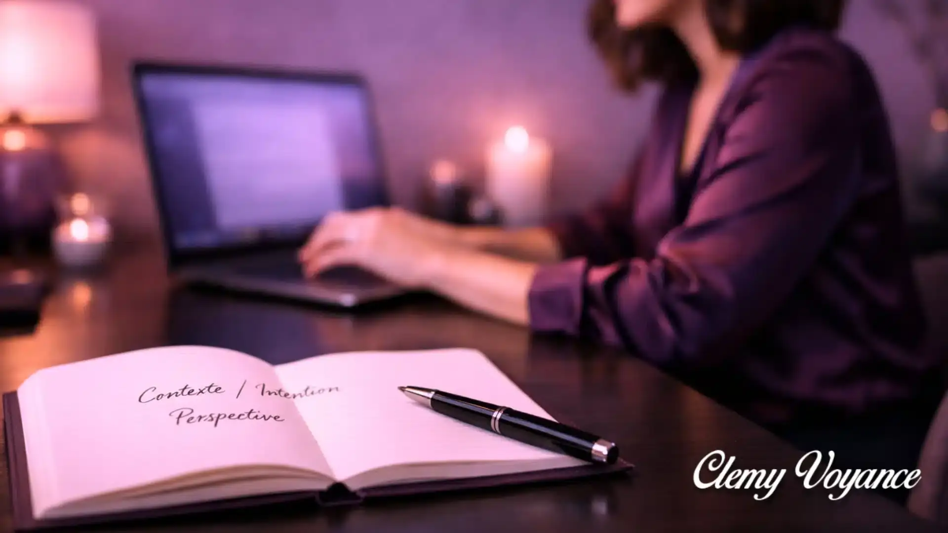 Femme rédigeant une question de voyance par mail dans une ambiance calme