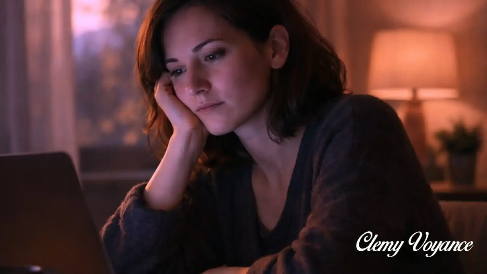 Une personne seule, assise dans une pièce calme, regardant son téléphone ou son ordinateur avec une expression pensive. Lumière douce, ambiance de fin de journée, émotion retenue.