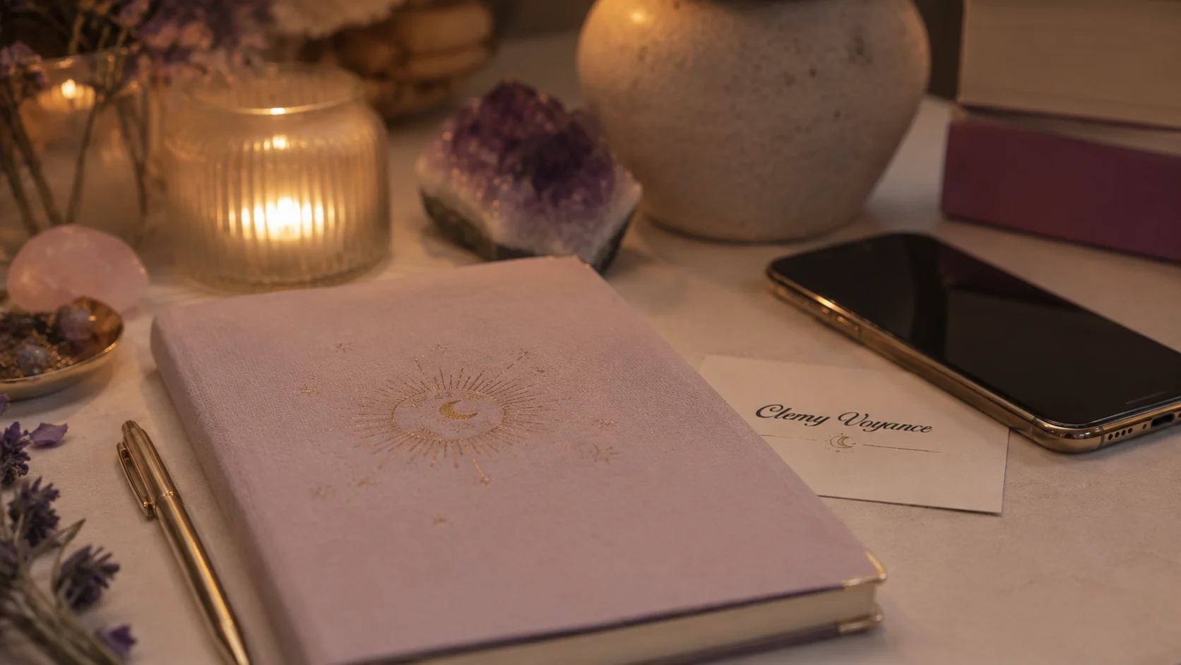 Carnet et téléphone dans une ambiance douce avant une consultation de voyance