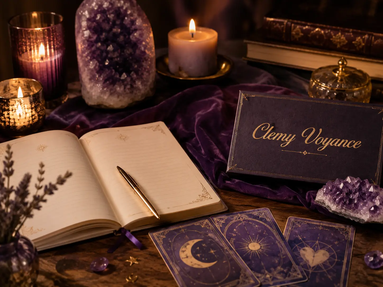 Carnet, cartes et lumière douce pour contacter Clémy Voyance