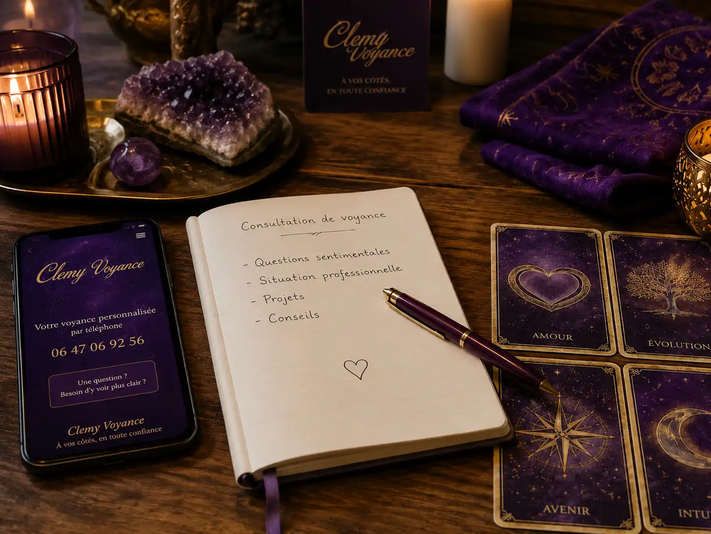 Carnet, cartes et lumière douce pour illustrer la charte déontologique de Clémy Voyance