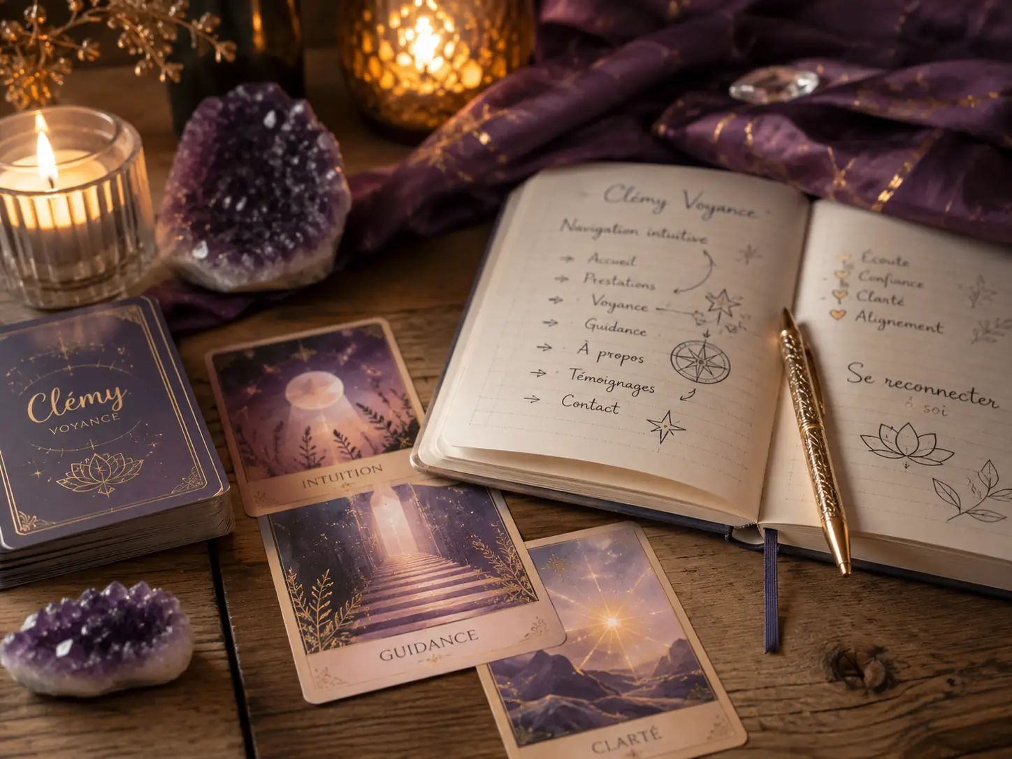 Cartes, carnet et lumière douce pour illustrer la navigation sur le site Clémy Voyance