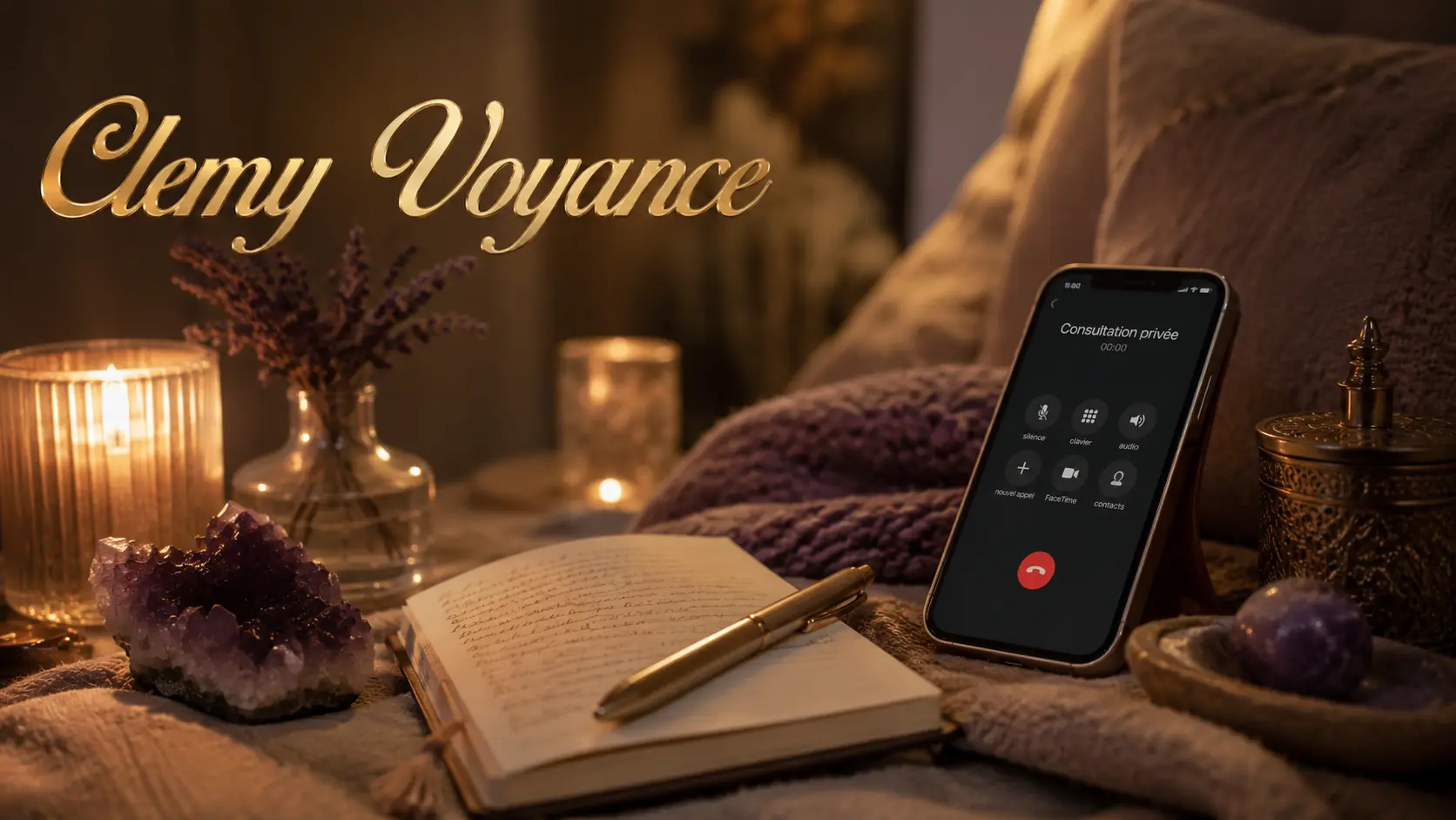 Téléphone et carnet pour réfléchir après une voyance privée