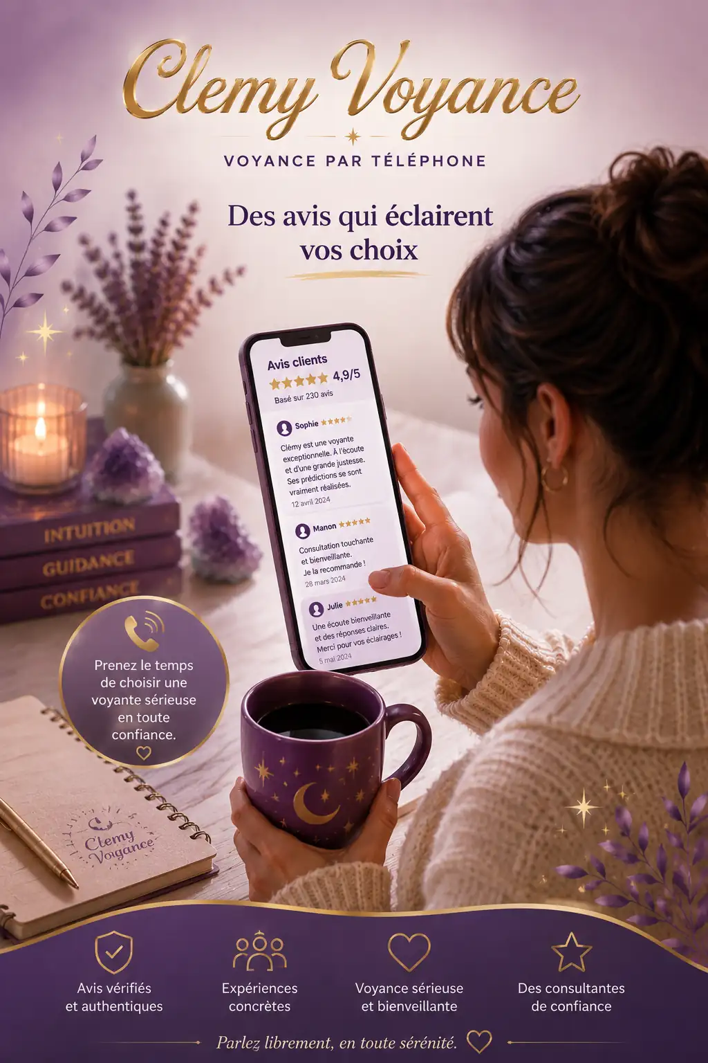 Consultante lisant des avis avant d’appeler une voyante par téléphone.