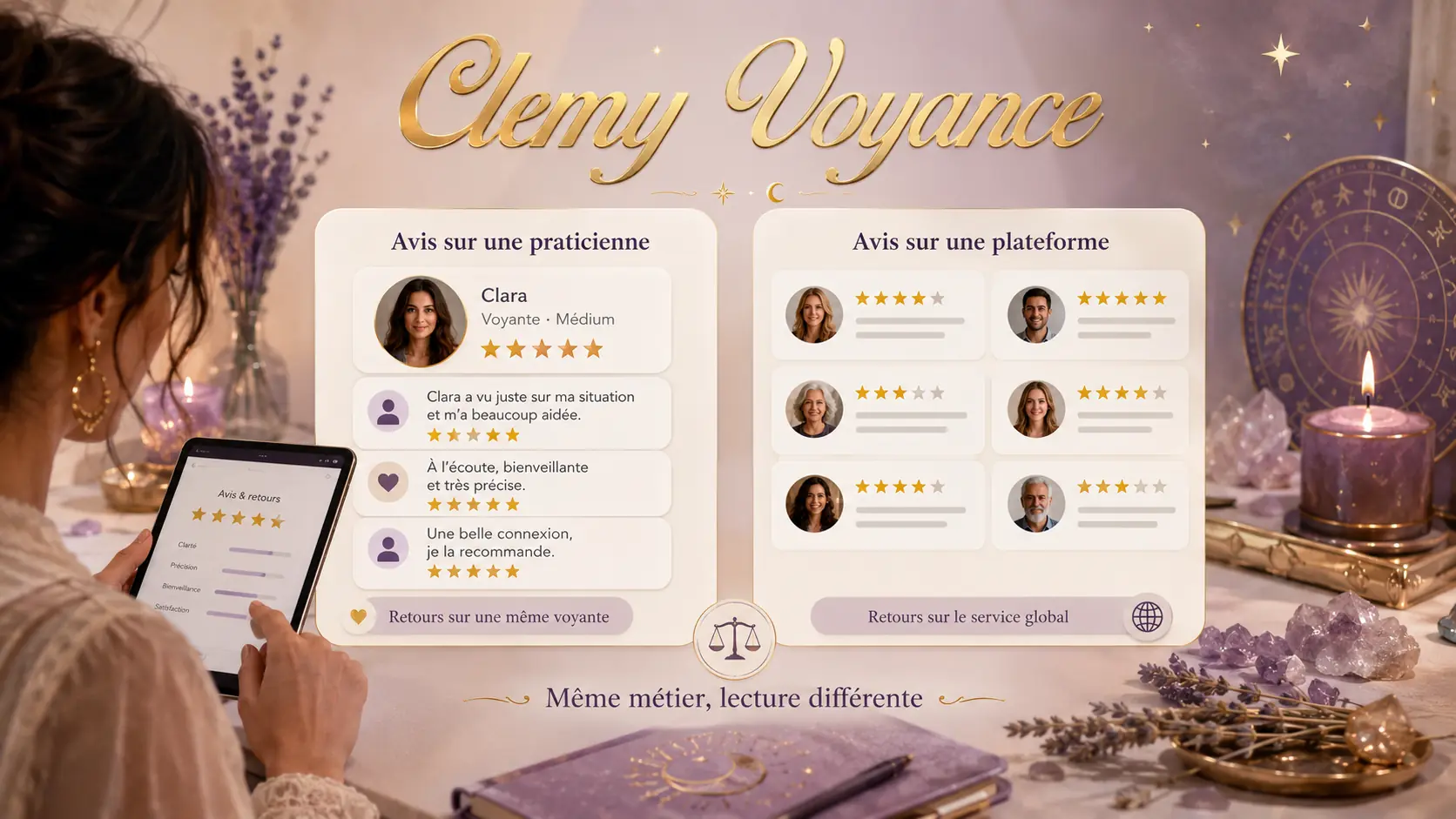 Comparaison entre les avis sur une praticienne et les avis d’une plateforme de voyance.