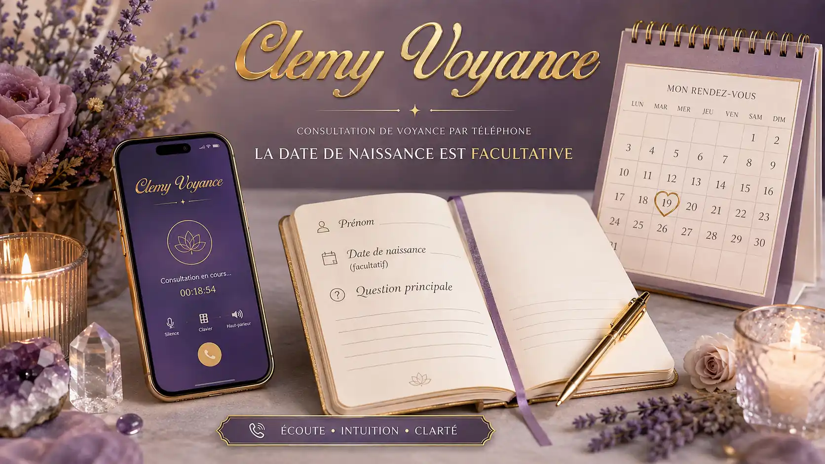 Téléphone, calendrier et carnet illustrant l’usage facultatif d’une date de naissance en voyance intuitive.