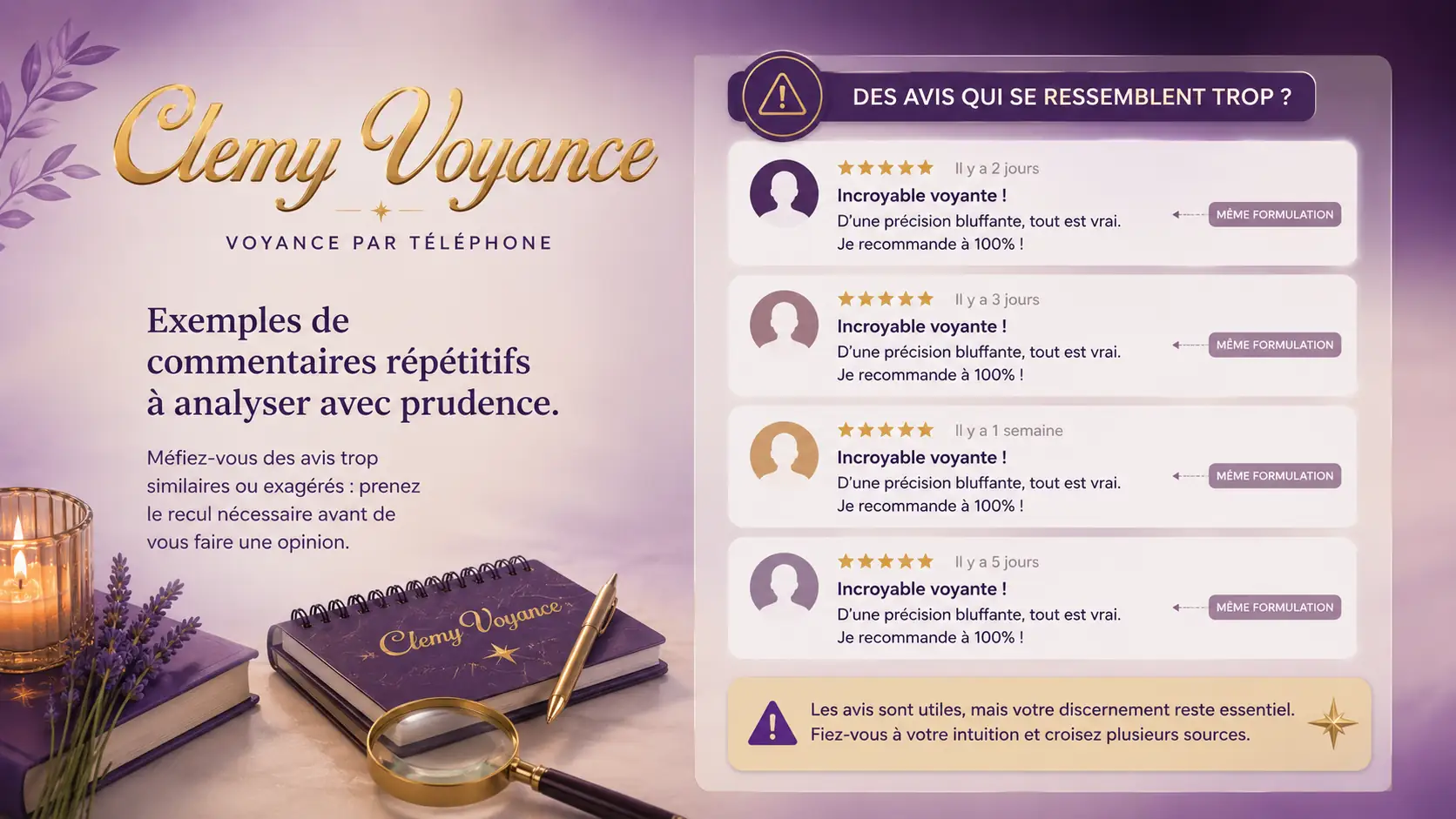 Exemples de commentaires répétitifs à analyser avec prudence.