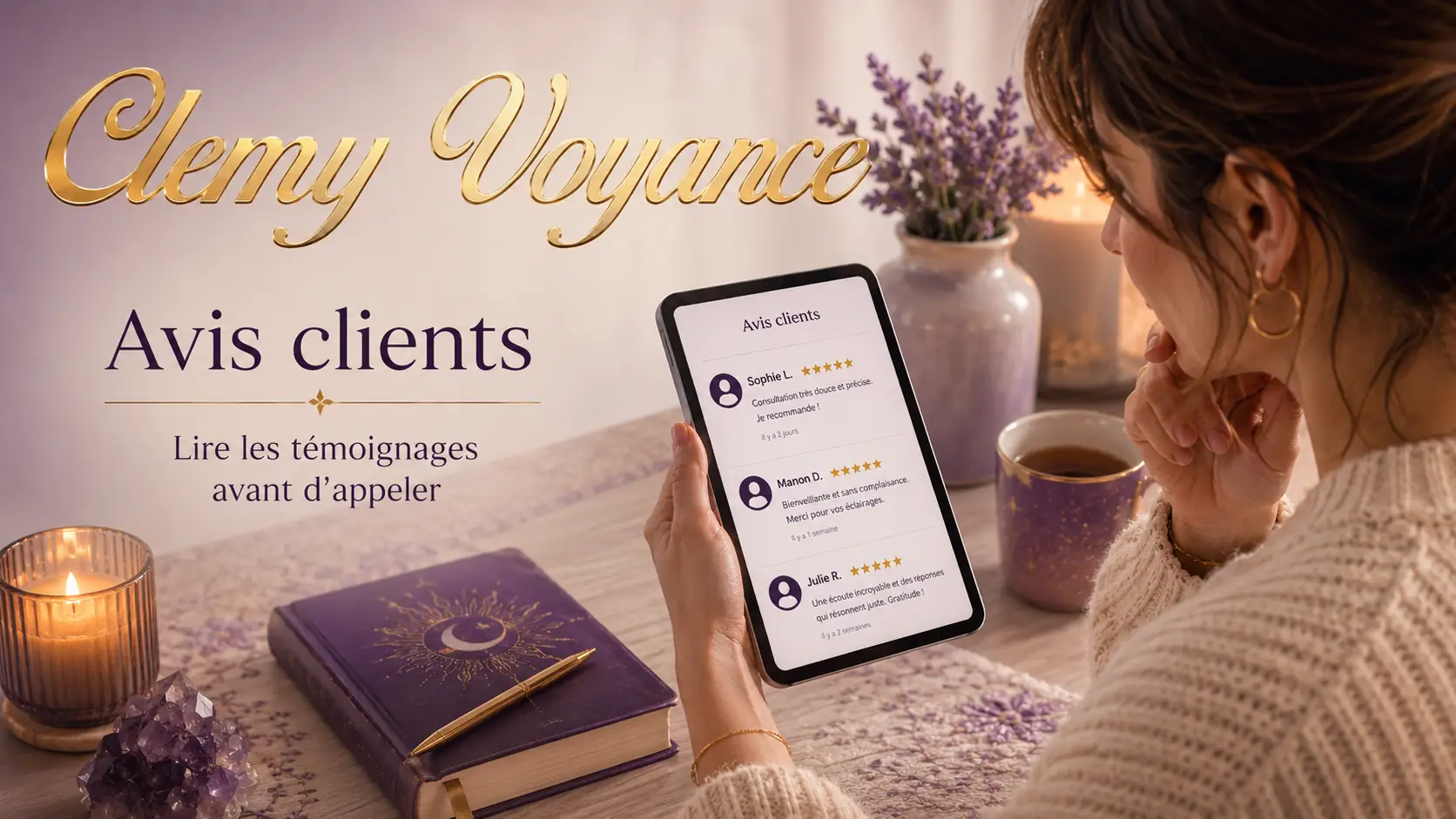 Lecture de témoignages avant de choisir une voyante par téléphone.
