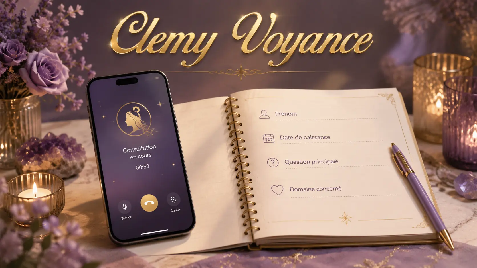 Téléphone et carnet illustrant les informations demandées au début d’une voyance.