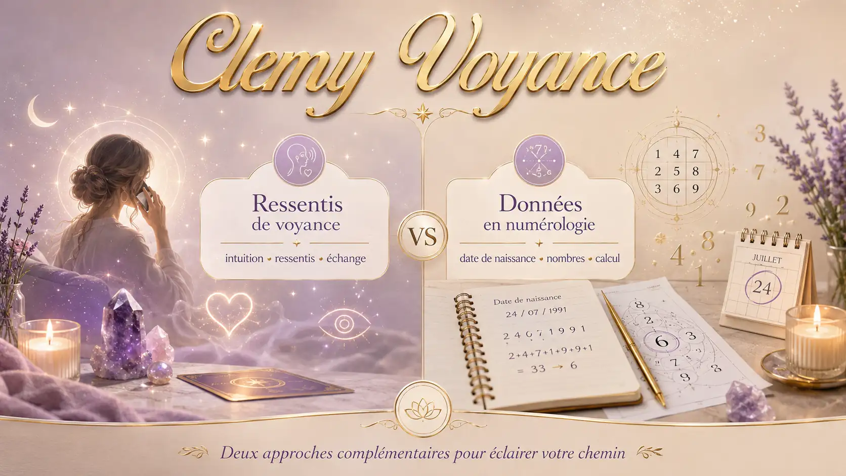 Comparaison visuelle entre ressentis de voyance et données utilisées en numérologie.